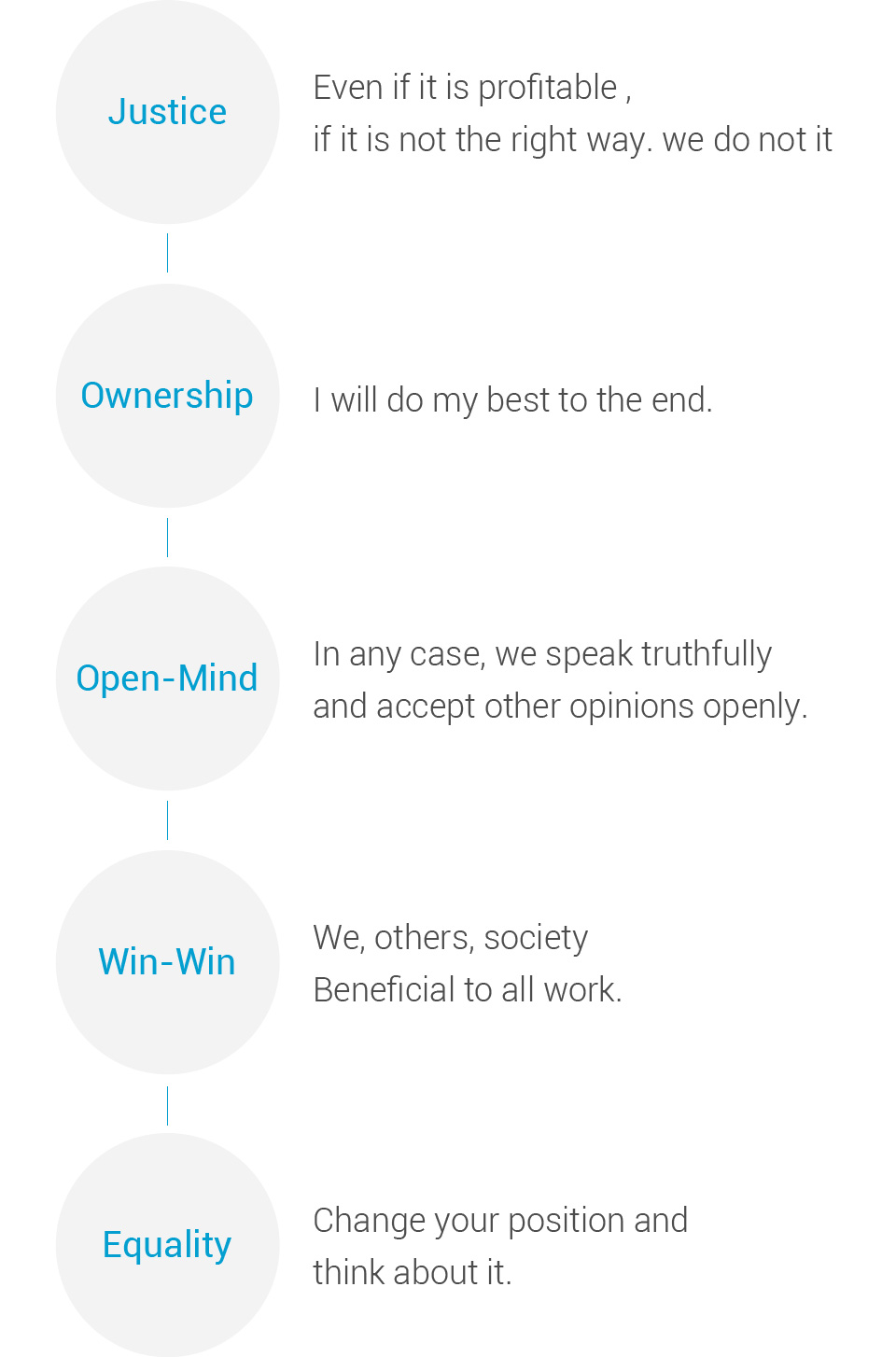 Justice, Ownership, Open-Mind, Win-Win, Equality